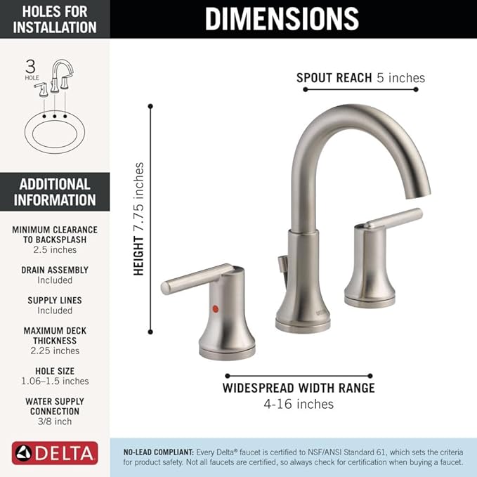 Delta Trinsic Brushed Nickel Bathroom Faucet 3 Hole, 8 Inch Widespread Bathroom Sink Faucet for Vanity, Metal Push-Pop Drain Assembly, Stainless 3559-SSMPU-DST