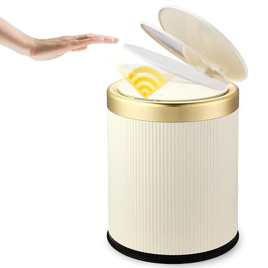 Automatic Bathroom Trash Can with Lid, Touchless Trashcan White Gold | 3.7 Gallon Motion Sensor Garbage Can, Cute Modern trash bin,Smart Waterproof Trash Bin for Bedroom, Office, Restroom,Outdoor