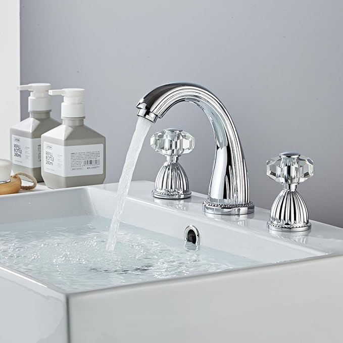 Morden Bathroom Faucet Chrome Three Holes Widespread 2 Crystal Handle Bathroom Sink Faucets Vintage Lavatory Vanity Faucet