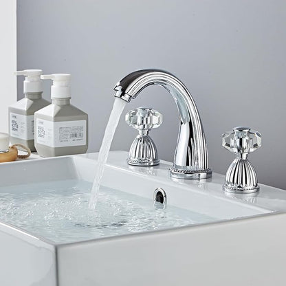 Morden Bathroom Faucet Chrome Three Holes Widespread 2 Crystal Handle Bathroom Sink Faucets Vintage Lavatory Vanity Faucet