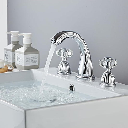 Morden Bathroom Faucet Chrome Three Holes Widespread 2 Crystal Handle Bathroom Sink Faucets Vintage Lavatory Vanity Faucet