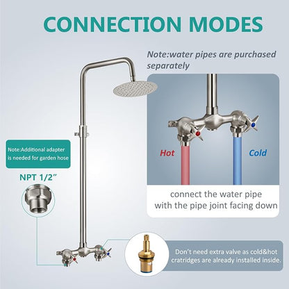 Aolemi Outdoor Shower Kit,8 Inch Rain Head,Hot and Cold,Brushed Nickel | 2-Handle Control Outdoor Shower Fixtures,Adjustable Height,6-Inch Center Valve,Winter Drainage,Exposed Shower