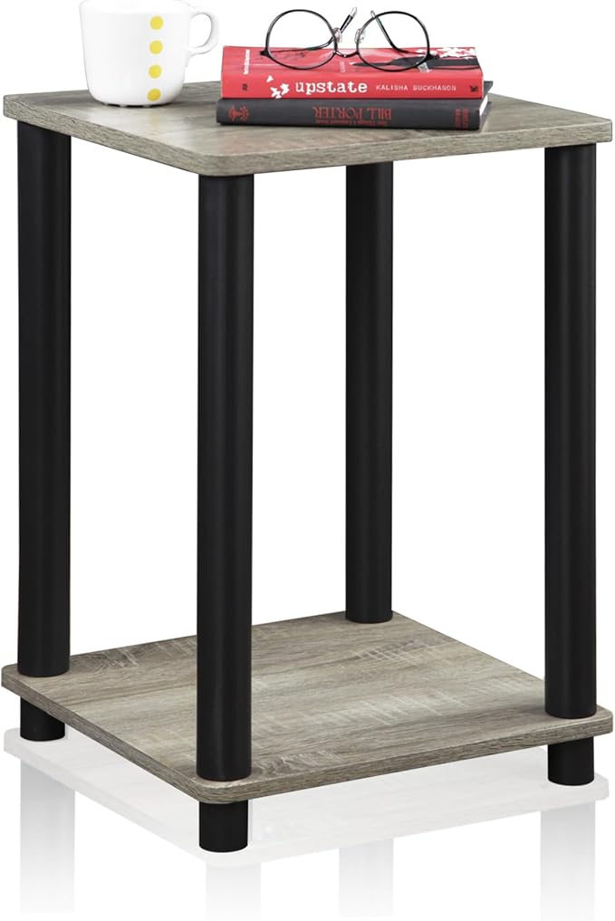 Furinno Modern Grey Side Table, 2-Tier Square Top End Table with Open Shelf, Toolless Night Stand, Bedside Table, for Living Room, Bedroom, Grey Oak