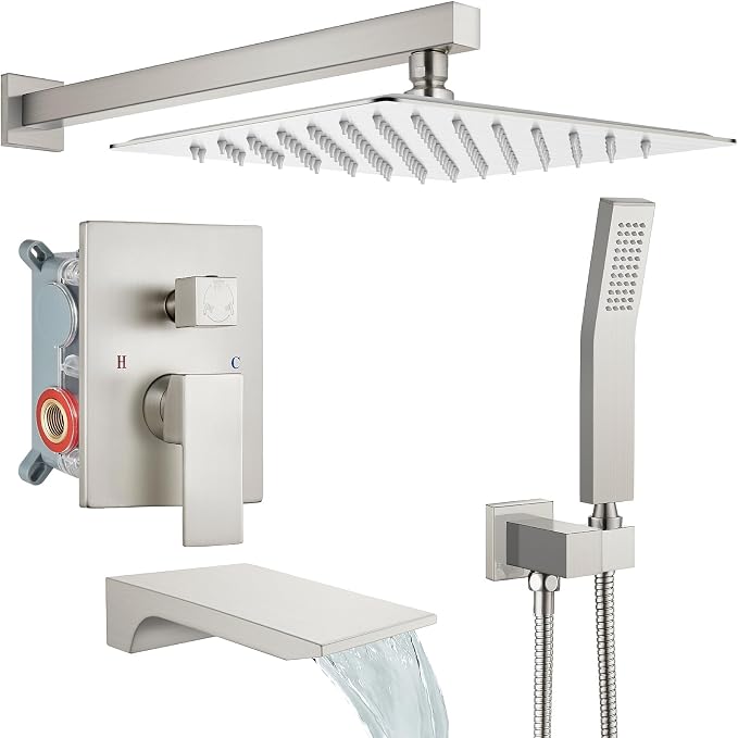 gotonovo Tub Shower Faucet Set with Valve 10'' Rain Head,Brushed Nickel | Waterfall Tub Spout Shower System,Bathtub Faucet Set,SUS304 Rain Head with Handheld,Brass Valve Trim Kit,All Metal,Wall Mount