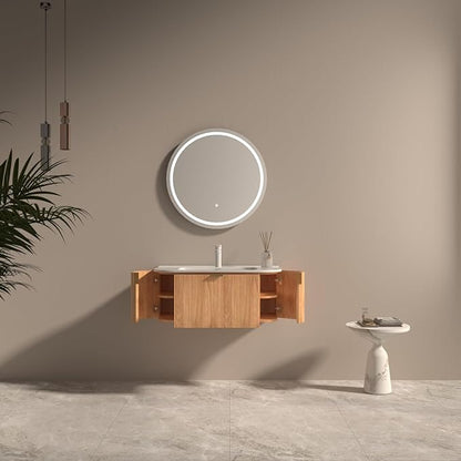 36'' Floating Bathroom Vanity with Sink, Wall Mounted Modern Bathroom Cabinet W/Curved Edges Stripes, Oak & Plywood, Pre-Assembled with Integrated Ceramic Basin – Havana, Natural Oak