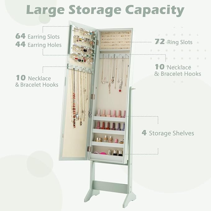 MAT EXPERT Jewelry Armoire Cabinet w/Full-Length Mirror, Jewelry Organizer Standing Mirror w/ 4 Shelves, 3 Adjustable Tilt Angles, Anti-toppling Device, Jewelry Cabinet for Bedroom, Living Room, Green