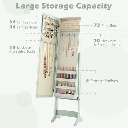 MAT EXPERT Jewelry Armoire Cabinet w/Full-Length Mirror, Jewelry Organizer Standing Mirror w/ 4 Shelves, 3 Adjustable Tilt Angles, Anti-toppling Device, Jewelry Cabinet for Bedroom, Living Room, Green