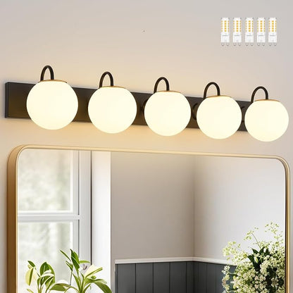 5 Lights Vintage Bathroom Vanity Light Fixtures Over Mirror, Matte Black Vanity Lights For Bathroom With Milk White Glass Globe Shade, Wall Lights For Bedroom, Hallway, Dressing Table(Includ G9 Bulbs)