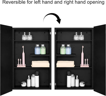Fundin Black Medicine Cabinet Recessed or Surface Mount, Bathroom Medicine Cabinet with 18 x 30 Beveled Mirror and Adjustable Staggered Shelves, Wall Mount