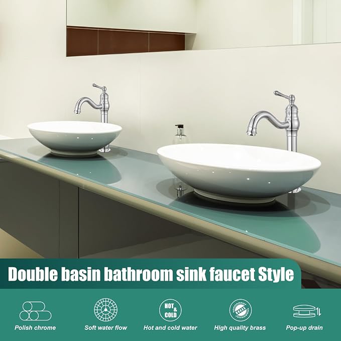 Heyalan Tall Vessel Sink Faucet, Single Handle 1-Hole,Polish Chrome | SUS304 stainless steel, 360° swivel spout, includes pop-up drain & hoses, deck mount 1-hole, tall design for vessel sink