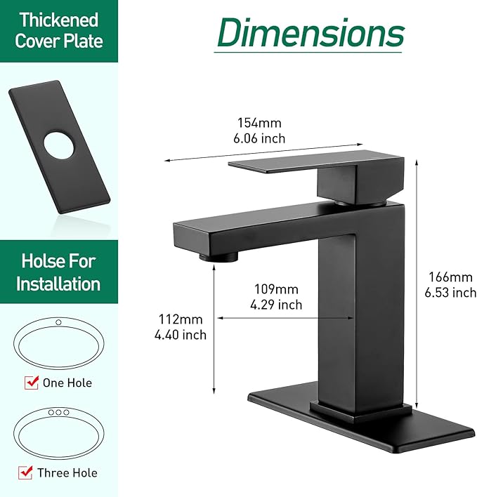 VOTON Bathroom Faucet Matte Black Bathroom Faucet 1 Hole, Stainless Steel Vanity Faucet for Bathroom Sink with Deck Plate Water Supply Hoses