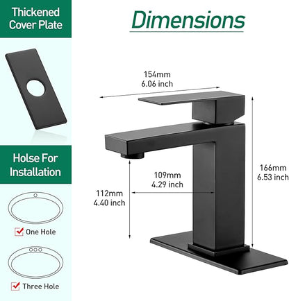 VOTON Bathroom Faucet Matte Black Bathroom Faucet 1 Hole, Stainless Steel Vanity Faucet for Bathroom Sink with Deck Plate Water Supply Hoses