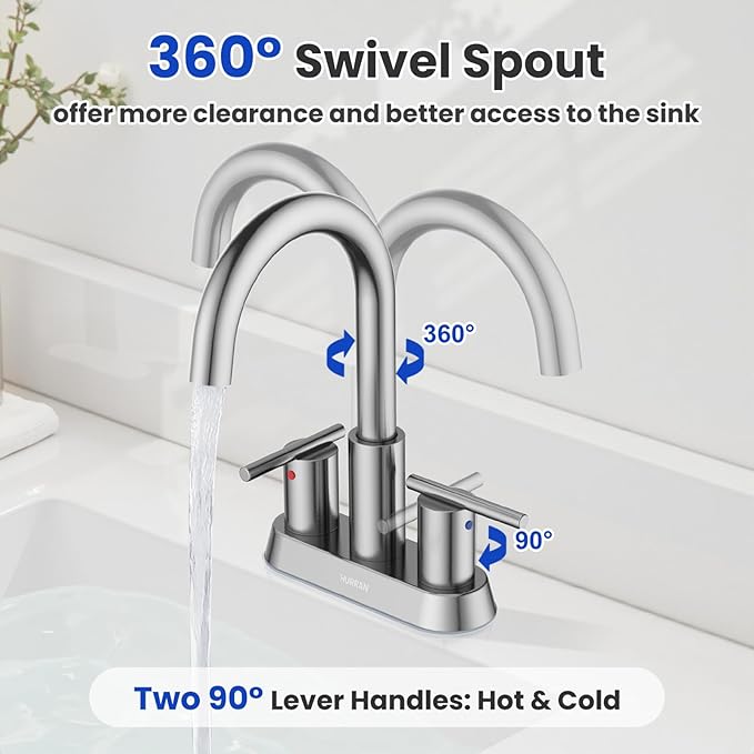 Hurran 4 Inch Bathroom Faucet for Sink 3 Hole, Brushed Nickel Bathroom Faucet with Pop-up Drain and 2 Supply Hoses,Stainless Steel Lead-Free 2-Handle Centerset Faucet for Sink Vanity RV