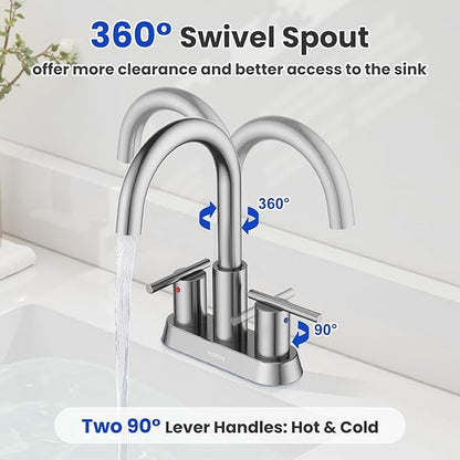 Hurran 4 Inch Bathroom Faucet for Sink 3 Hole, Brushed Nickel Bathroom Faucet with Pop-up Drain and 2 Supply Hoses,Stainless Steel Lead-Free 2-Handle Centerset Faucet for Sink Vanity RV