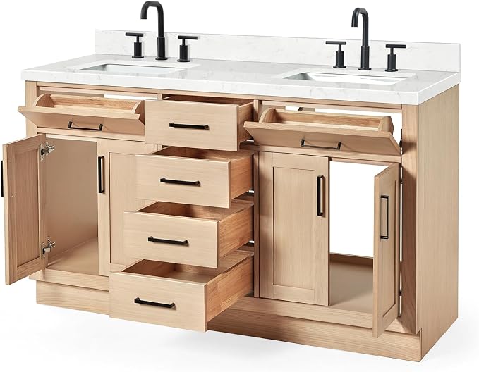 ARIEL Hepburn 60-inch Bathroom Vanity with Sink,Solid Wood, 1.5-inch Carrara White Quartz Countertop, Double Rectangular Porcelain Sink, 4 Soft Closing Doors, 6 Dovetail Drawers, White Oak
