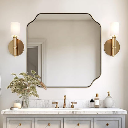 Square Gold Vanity Mirrors, 24"x24" Brushed Brass Scalloped Bathroom Mirror, Antique Wall Mirror with Anti-Rust Stainless Steel Frame, Rounded Notched Corner Design Ideal for Home Deocr