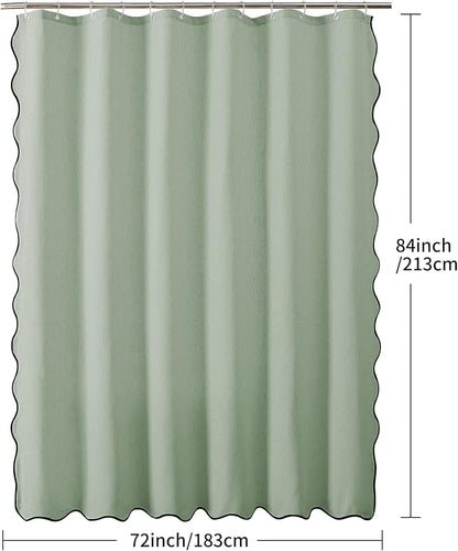 Linen Scallop Shower Curtain with 12 Hooks, Waterproof, 72x84, Sage Green | Cute Washable Heavy Duty Thick Fabric with Black Border, Neutral Modern Farmhouse Boho Décor
