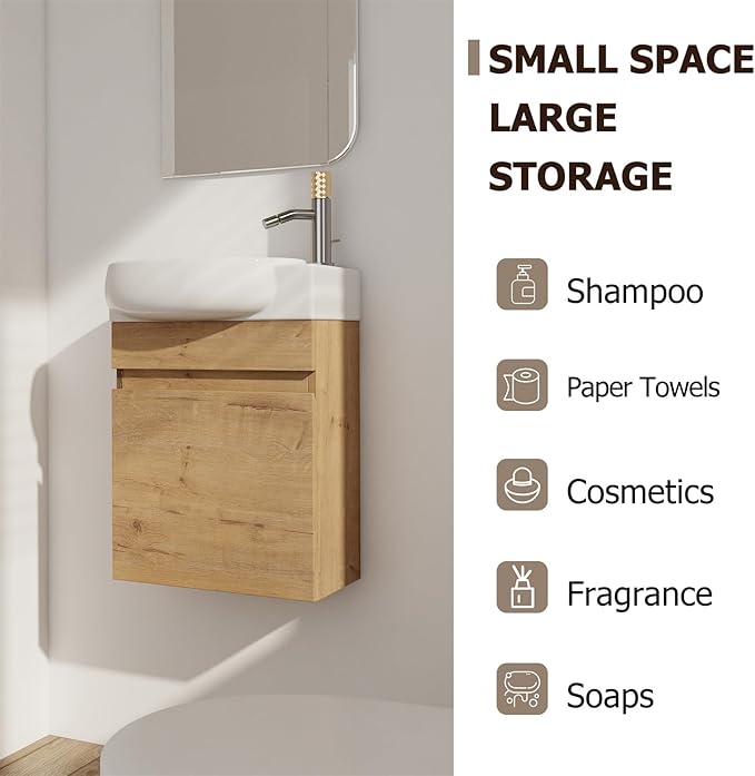 Henf 17'' Wall Mounted Bathroom Vanity Sink Combo for Small Space, Modern Bathroom Vanity Set with Ceramic Sink Top, Hanging Garage Vanities Compact Floating Small Cabinet for Bath Room