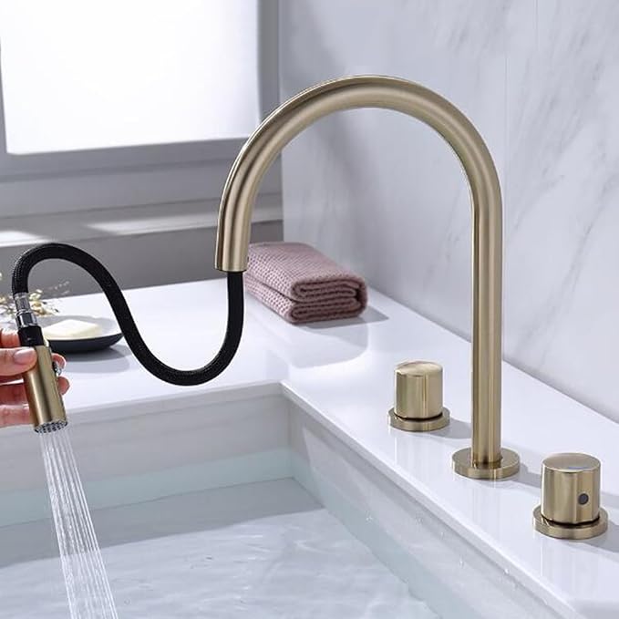 3 Hole Basin Faucets Pull Out Basin Mixer Faucet Bathroom Mixer Faucet 2 Mode Nozzle Hot and Cold Water Brass Double Handle-Brushed Gold