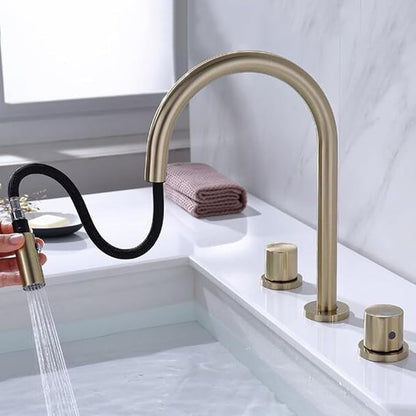 3 Hole Basin Faucets Pull Out Basin Mixer Faucet Bathroom Mixer Faucet 2 Mode Nozzle Hot and Cold Water Brass Double Handle-Chrome Plated