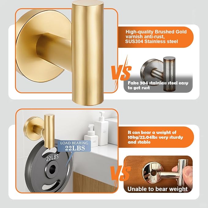 5 Pieces Bathroom Hardware Accessories Set Brushed Gold, 24Inch Bathroom Towel Rack Set SUS304 Stainless Steel, Round Toilet Paper Holder with Shelf Heavy Duty, Wall Mounted