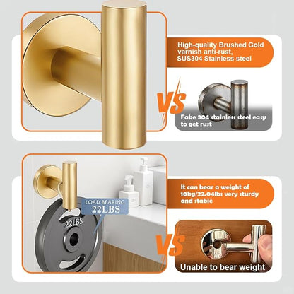 5 Pieces Bathroom Hardware Accessories Set Brushed Gold, 24Inch Bathroom Towel Rack Set SUS304 Stainless Steel, Round Toilet Paper Holder with Shelf Heavy Duty, Wall Mounted