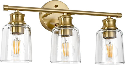 Bathroom Light Fixtures Over Mirror, 3 Lights Vanity Lights with Clear Glass Shade, 18.1" Gold Farmhouse Bathroom Wall Light Fixtures for Bedroom, Porch, Hotel, Mirror Cabinet