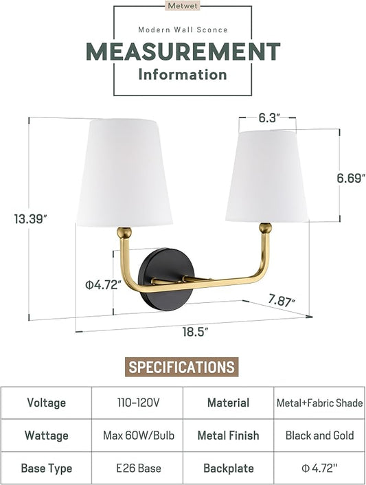 2-Light Bathroom Light Fixtures, Black and Gold Vanity Lights, Double Wall Sconce with Flared White Fabric Shade, Modern Sconces Wall Lighting for Hallway Bedroom Stairway, VL837-KG-2