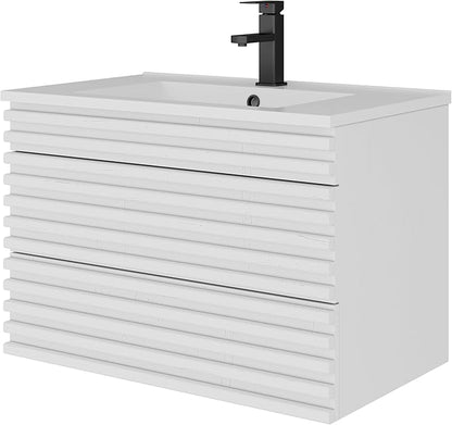 LUCKWIND 30" Floating Bathroom Vanity with Sink, Mid-Century Wall Mounted Big Drawer Cabinet with Large Sink, Water Saving Faucet and Wood Stripes Style, White