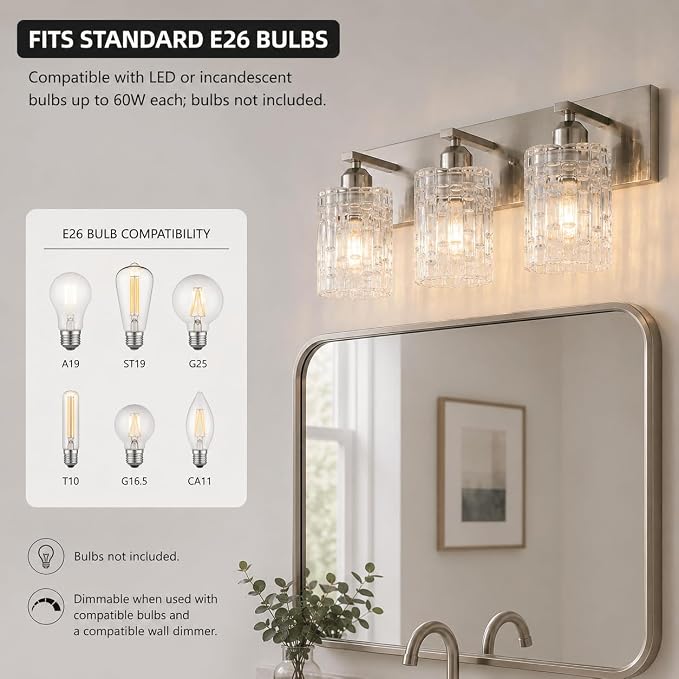 3-Light Crystal Bathroom Vanity Light Over Mirror, Nickel Modern Wall Light Fixture for Bathroom, Living Room, Bedroom, Hallway