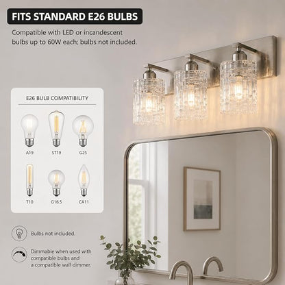 3-Light Crystal Bathroom Vanity Light Over Mirror, Nickel Modern Wall Light Fixture for Bathroom, Living Room, Bedroom, Hallway
