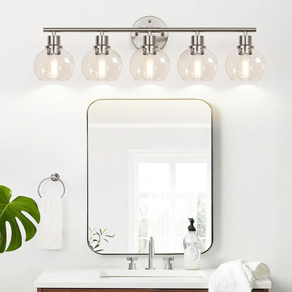 Indoi 5-Light Bathroom Light Fixtures, Brushed Nickel Vanity Light with Clear Glass Globe Shades, Modern Bathroom Wall Sconce Lighting for Mirror, Kitchen, Hallway, Bedroom