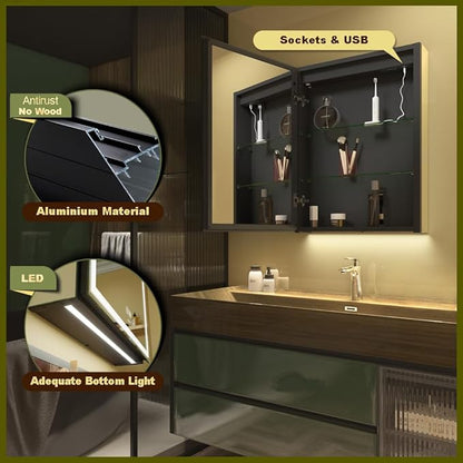 LED Lighted Bathroom Medicine Mirror Cabinet with Sockets & USBs, Anti-Fog Dimmable Light and Color Adjustment, Easy to Install Aluminum Cabinet (20 * 28 Left Hinge)