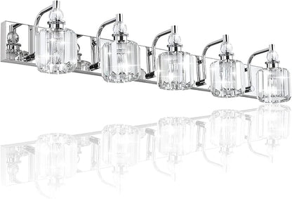 Ralbay Modern Crystal Vanity Lights 5 Light 40" Modern Crystal Bathroom Lights Fixtures Over Mirror Stainless Steel Chrome Vanity Light for Bathroom Wall Lights Fixtures