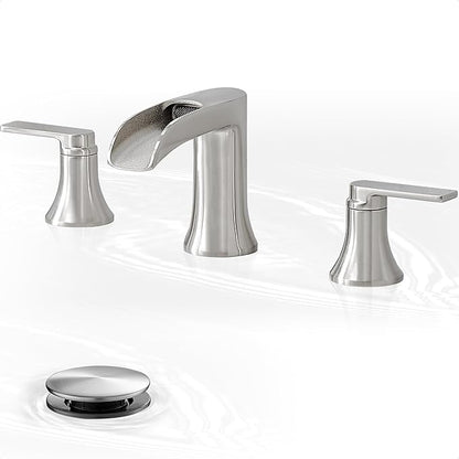 Brushed Nickel Widespread Bathroom Faucet, 2 Handles Waterfall Faucet, Bathroom Faucets for Sink 3 Hole, 8 Inch Solid Brass Bathroom Sink Faucets for Vanity Lavatory Restroom with Pop Up Drain