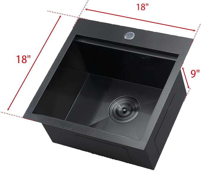 HOTIS 18 x 18 Inch Black Bar Sink Drop in Workstation Sink, Handmade Stainless Steel Wet Bar Sinks,Topmount RV Small Kitchen Sinks, Outdoor Single Bowl with Dish Grid & Drain & Cutting Board