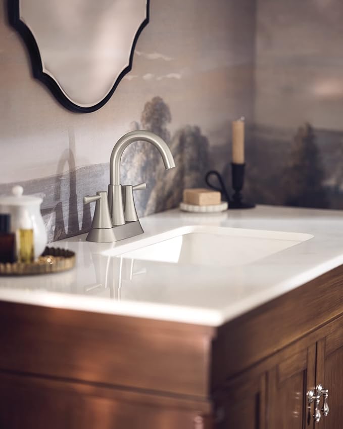 Moen Ronan Spot Resist Brushed Nickel Two-Handle 4" Centerset Modern Bathroom Faucet with Push-Down Drain, 84022SRN