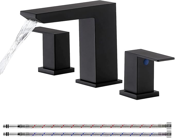 VCCUCINE Black Waterfall Bathroom Faucet 8 Inch Widespread Bathroom Sink Faucet 3 Hole,Modern Matte Black Vanity Bathroom Faucets for Sink with Pop Up Drain and Supply Lines