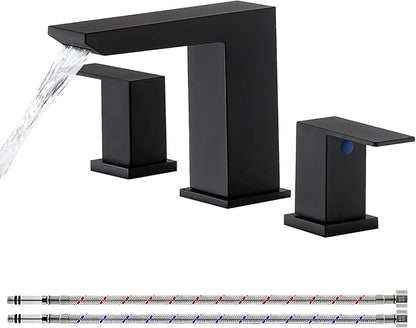 VCCUCINE Black Waterfall Bathroom Faucet 8 Inch Widespread Bathroom Sink Faucet 3 Hole,Modern Matte Black Vanity Bathroom Faucets for Sink with Pop Up Drain and Supply Lines
