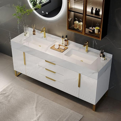 KunMai 59" White Freestanding Bathroom Vanity with Faux Marble Top, Double Ceramic Vessel Sinks, Floor-Standing Design, 3 Drawers for Storage, Modern Bathroom Cabinet with Gold Hardware Finish