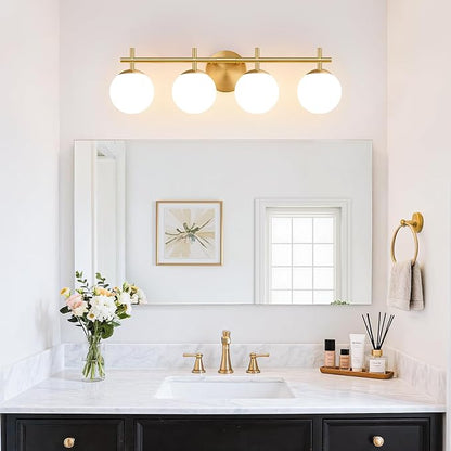 4-Light Bathroom Light Fixtures, Brushed Gold Vanity Lights for Bathroom with Milky White Glass Shade, Bathroom Lighting Fixtures Over Mirror, Wall Sconce for Bedroom (Bulb Not Included)