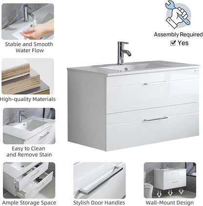 wonline 36" Wall Mounted Bathroom Vanity Set Two Drawers Storage Cabinet with Ceramic Vessel Sink Combo Chrome Faucet White