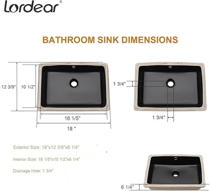Lordear 18x12 Inch Black Undermount Bathroom Sinks Vanity Rectangle Porcelain Ceramic Sinks Under Counter Lavatory Sink Basin with Overflow