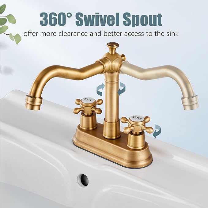 Aolemi 4 Inch Centerset Bathroom Sink Faucet Vintage 2 Cross Handle RV Mixer Tap Basin Vanity Lavatory Utility for Sink 3 Hole Include Hoses Pop Up Drain Faucet Handle with Label Antique Brass
