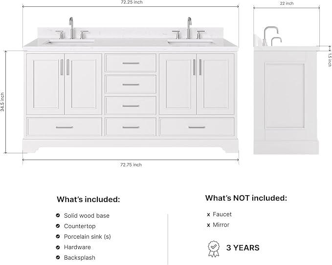 ARIEL Stafford 72-inch Bathroom Vanity with Sink,Solid Wood, 1.5-inch Carrara White Quartz Countertop, Double Rectangular Porcelain Sink, 4 Soft Closing Doors, 6 Dovetail Drawers, White