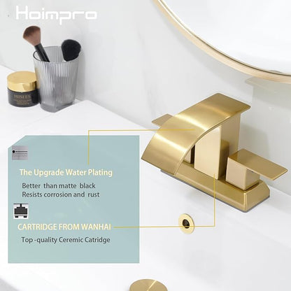Hoimpro 3 Holes 4 Inch Bathroom Faucet, Waterfall Brushed Gold Two Handles Centerset Sink Faucet with cUPC Supply Hoses and Pop Up Drain