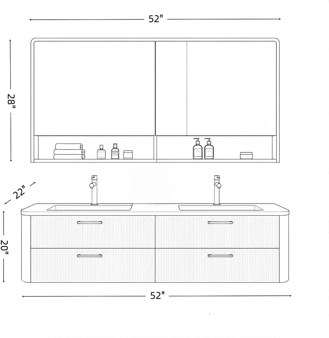 52 in Double Bathroom Vanity with Sinks - Modern Floating Bathroom Vanity with Solid Wood Cabinet, Anti-Fog Mirror and Integrated Stone Sinks | Wall Mounted Design | Ample Storage