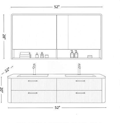 52 in Double Bathroom Vanity with Sinks - Modern Floating Bathroom Vanity with Solid Wood Cabinet, Anti-Fog Mirror and Integrated Stone Sinks | Wall Mounted Design | Ample Storage
