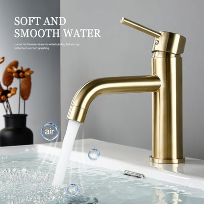Brushed Gold Basin Faucet Solid Brass Hot and Cold Water Basin Mixer Sink Tap Deck Mounted Bathroom Taps,3,Include:1*Faucet