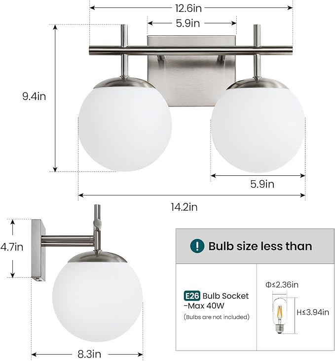 AIJIASI Brushed Nickel Vanity Light for Bathroom, 2-Lights Modern Vanity Lighting with Milky White Frosted Glass Shade, Bathroom Light Fixture Mid Century Wall Sconce (Exclude E26 Bulb)